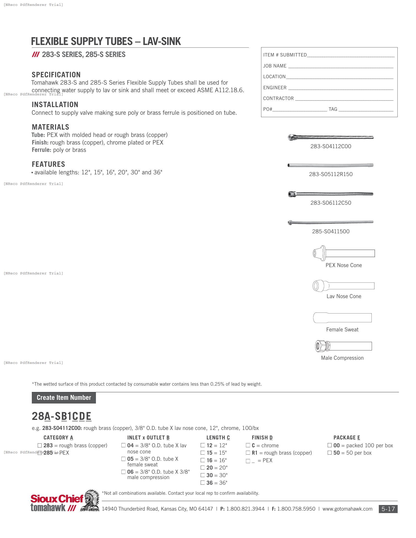 283 & 285 SERIES - FLEXIBLE LAV SUPPLY TUBE - SPEC SHEET.PDF Specification Document